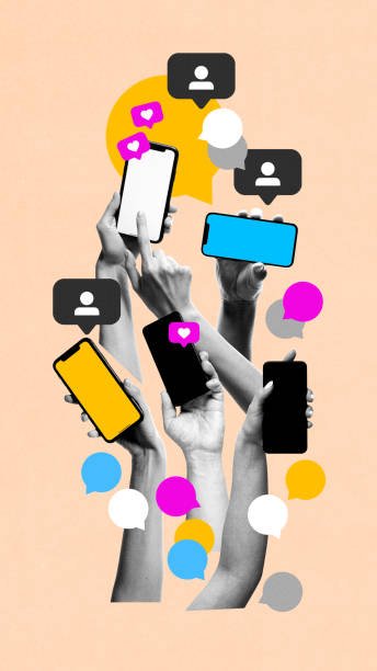 Many human hands with mobile phones and digital marketing icons, likes and followers. Media addiction. Contemporary art collage. Concept of social media, influence, online business, communication