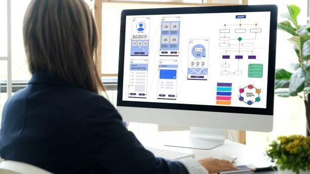 USA service Website designer, Creative planning phone app development template layout framework wireframe design, User experience concept, Young asian woman UX designer working on smartphone application at office best service UK