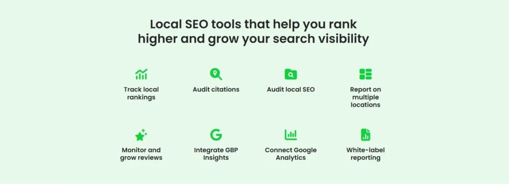 track local rankings, audit citations, audit local seo, report on multiple location, monitor and grow reviews, integrate GBP Insights, Connect google Analytics, White label reporting at alphadigitalweb